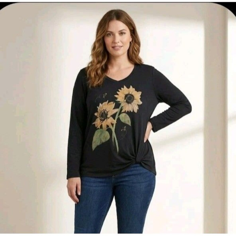 Jess & Jane Blouse Size M Sunflower Print Side Tie Modal 3/4 Sleeve